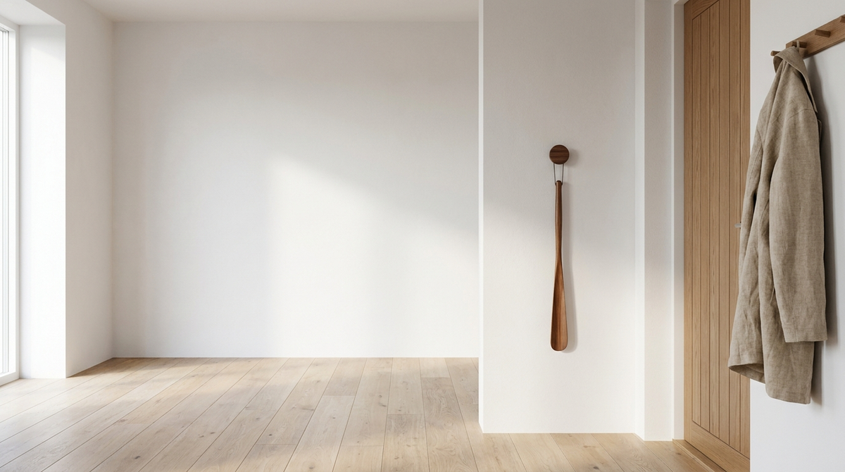 LAVI wooden shoehorn on its magnetic wall mount in a bright Nordic entryway